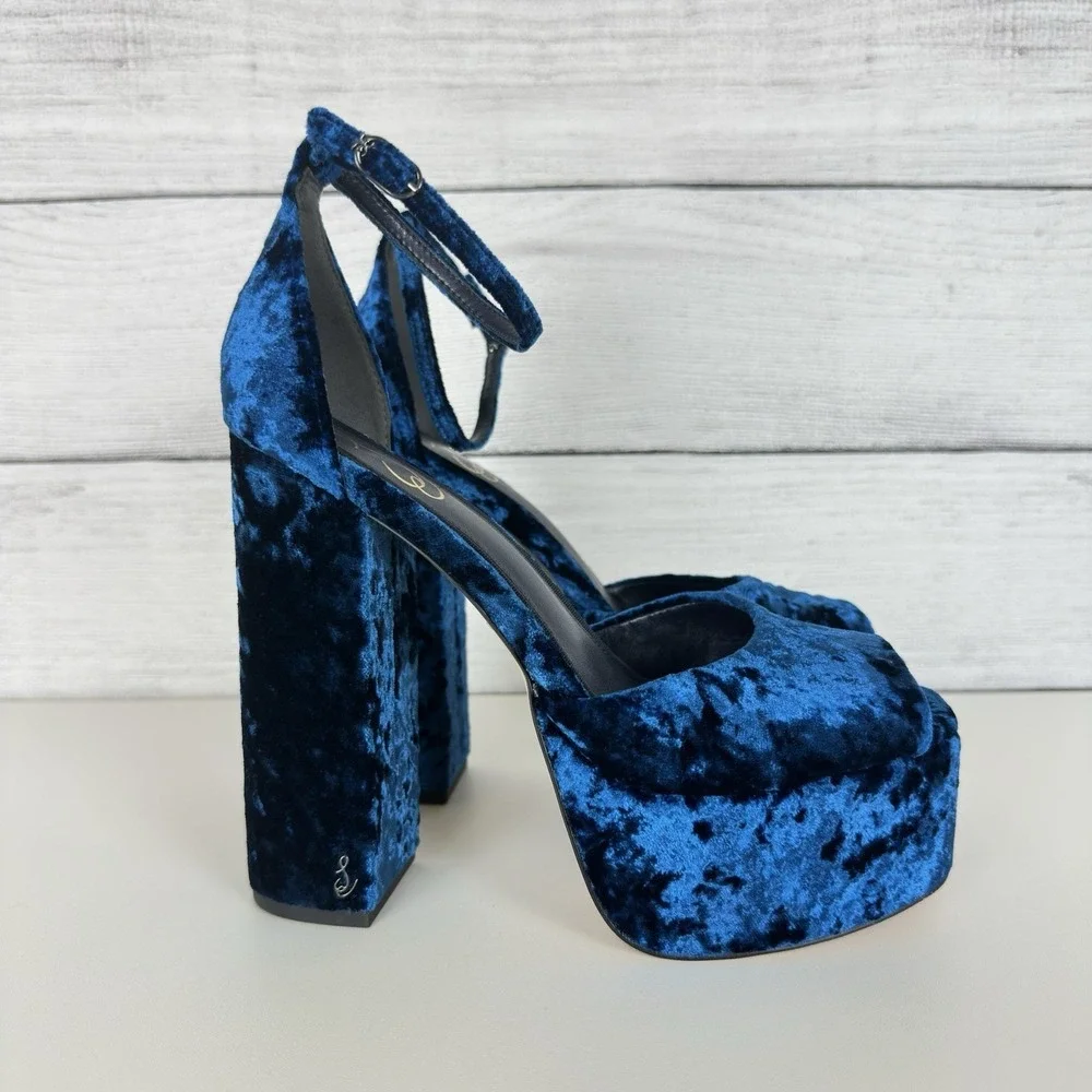 Sam Edelman Kori Platform Heels‎ Blue Velvet Ankle Strap Open Toe Size 7 Bratz